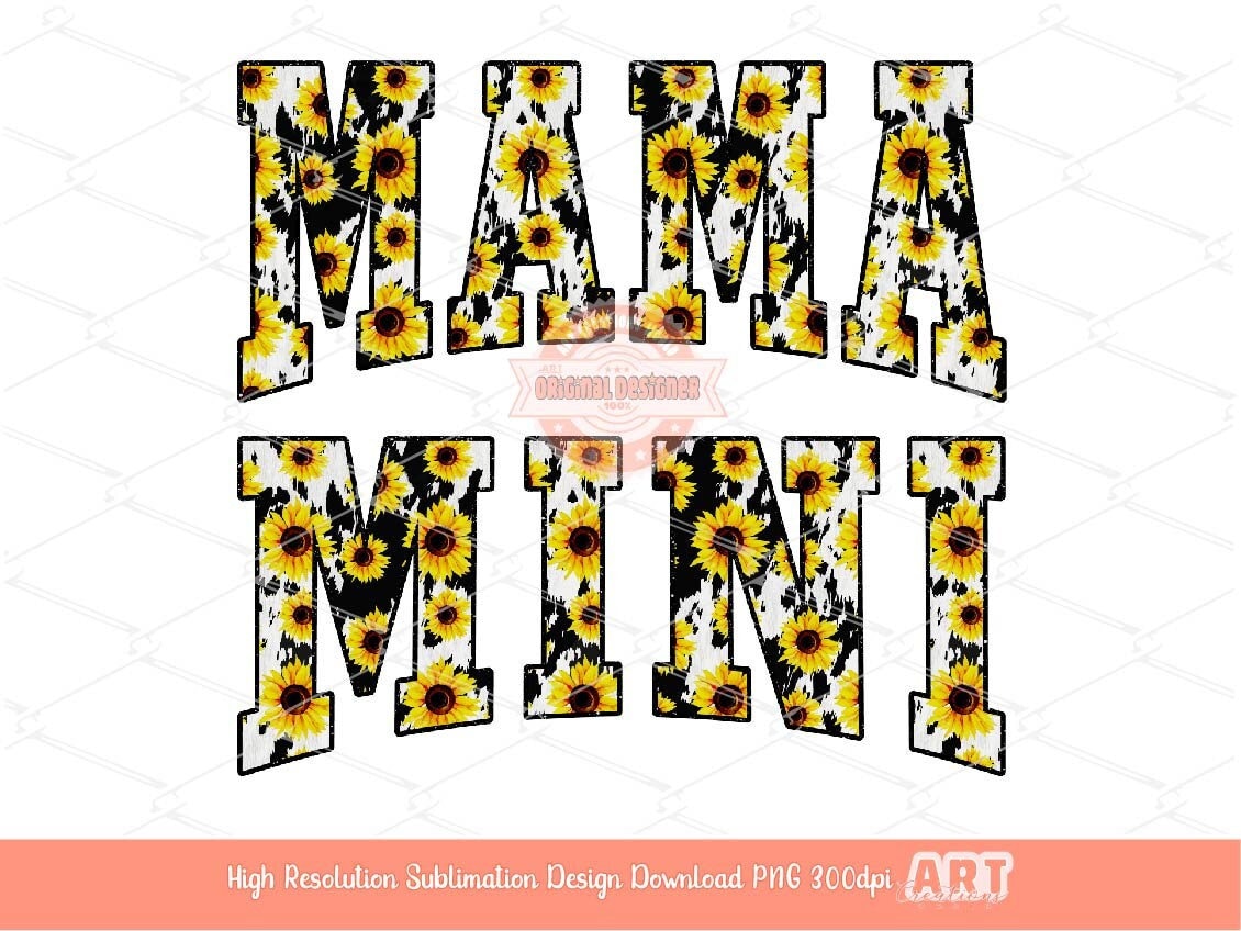 Mama Mini Sunflower Cow Print PNG, Cute Western Mommy and me Varsity Shirt Design, Matching Mother & Daughter Sublimation Digital Download