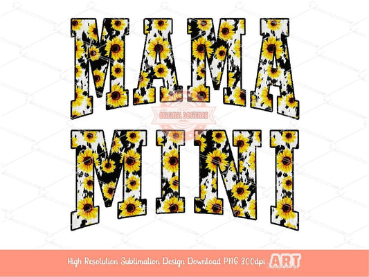 Mama Mini Sunflower Cow Print PNG, Cute Western Mommy and me Varsity Shirt Design, Matching Mother & Daughter Sublimation Digital Download