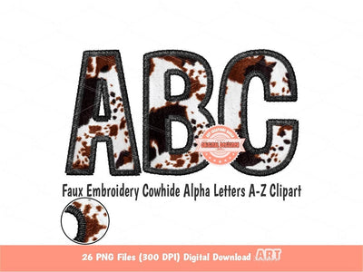 Faux Embroidery Cowhide Letters PNG, Black & Brown Cow Print Western Alpha Set Clipart, Cowboy Cowgirl Alphabet Sublimation Digital Download