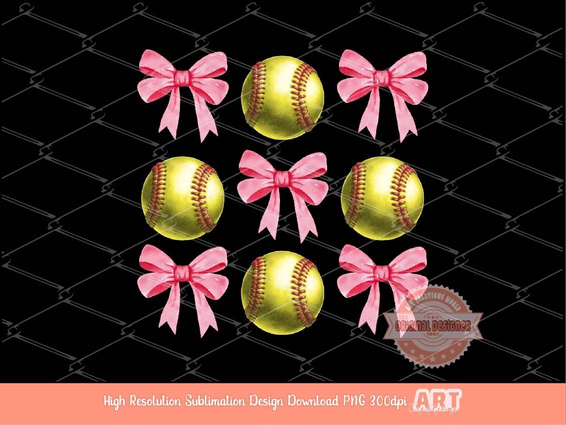 Coquette Softball PNG, Watercolor Pink Ribbon Bows and Softball balls PNG Sublimation Game Day Sport Mom T shirt Design Digital Download