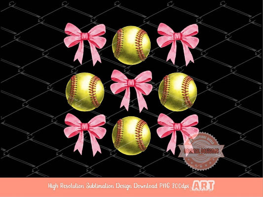 Coquette Softball PNG, Watercolor Pink Ribbon Bows and Softball balls PNG Sublimation Game Day Sport Mom T shirt Design Digital Download