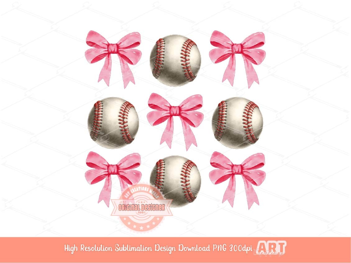 Coquette Baseball PNG, Watercolor Pink Ribbon Bows and Baseball balls PNG Sublimation Game Day Sport Mom T shirt Design Digital Download