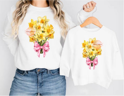 Coquette March Girl PNG, Watercolor Yellow Daffodil Birth Flower Pink Bow Ribbon Clipart PNG Sublimation Birthday T shirt Design Download