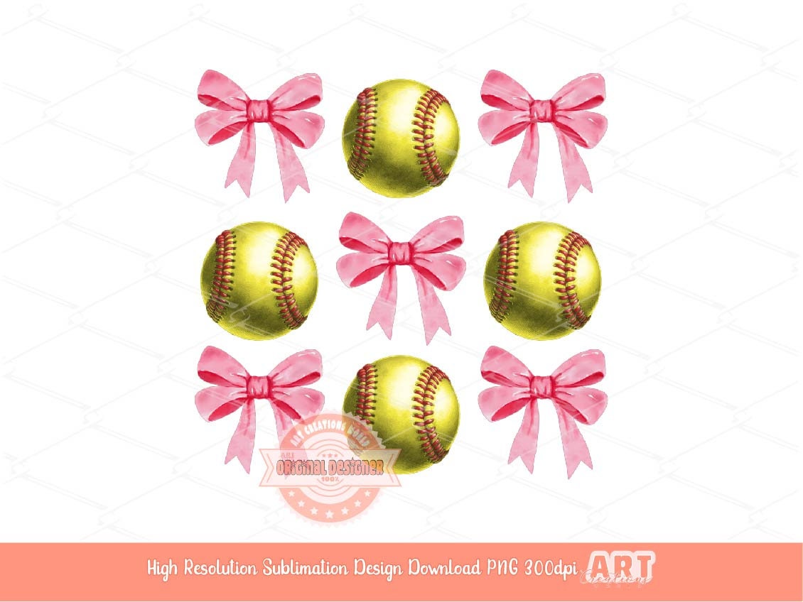 Coquette Softball PNG, Watercolor Pink Ribbon Bows and Softball balls PNG Sublimation Game Day Sport Mom T shirt Design Digital Download